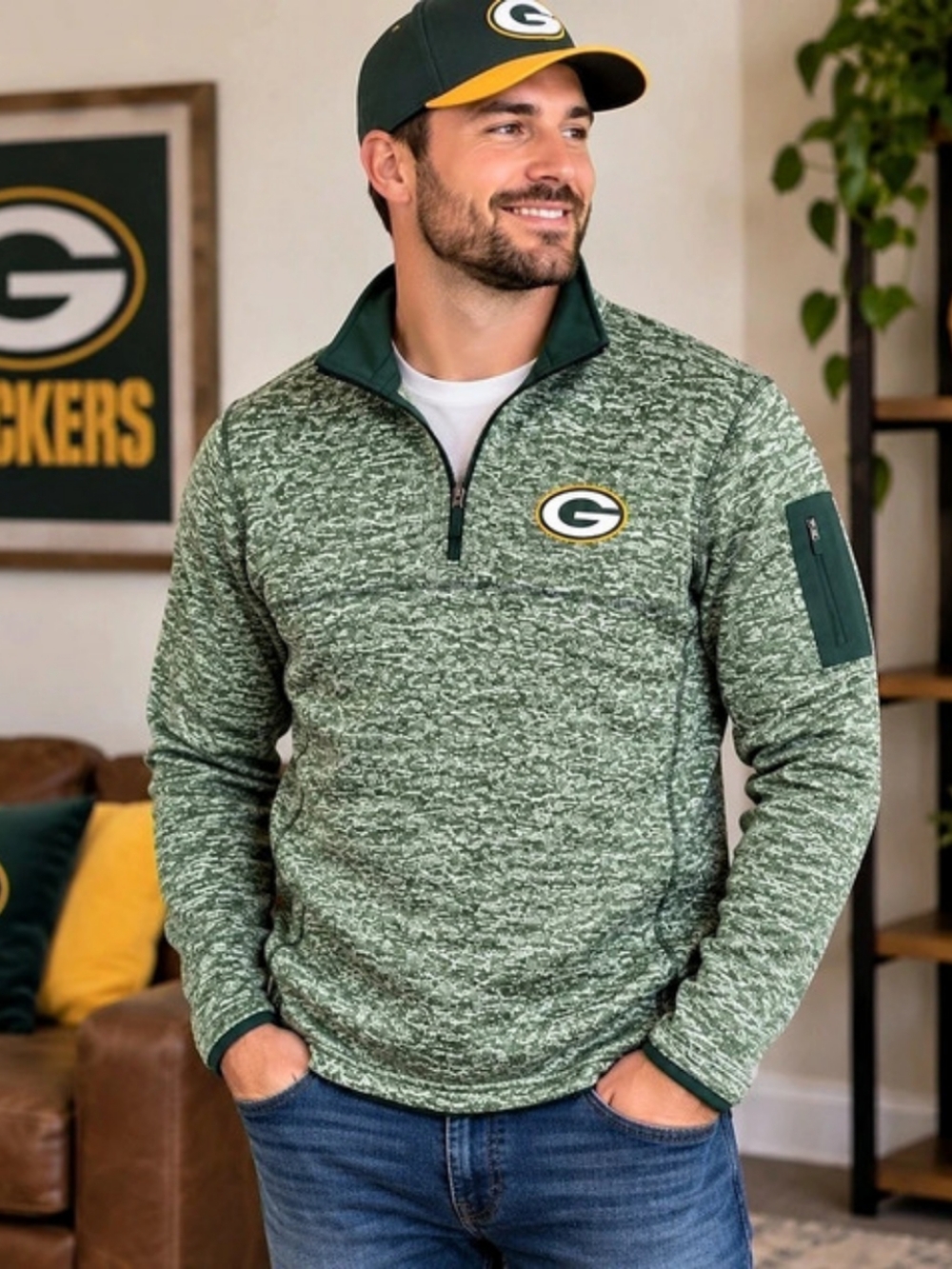 Green Bay Packers Antigua Men’s L Green Heather Quarter Zip Pullover NFL